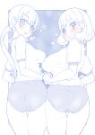  2girls ass bangs blue_theme blush bob_cut breasts buruma closed_mouth commentary cowboy_shot crotch_seam delicious_party_precure earrings from_behind gym_shirt gym_uniform highres jewelry large_breasts long_hair looking_at_viewer looking_back mature_female medium_breasts miyagoe_yoshitsuki monochrome multiple_girls nagomi_akiho no_headwear outside_border panties panty_peek parted_lips ponytail precure shinada_an shirt shirt_tucked_in short_sleeves side-by-side smile spot_color standing steam sweatdrop thigh_gap underwear 