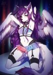  animal_genitalia animal_penis anthro armwear balls bottomwear canid canine canine_penis clothing collar erection fur garter_straps genitals girly hair hi_res kage_korudo knot legwear looking_at_viewer male mammal neon-chan penis purple_hair skirt solo stockings white_body white_fur wings 