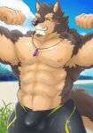  abs anthro beach bulge canid canine canis clothing detailed_bulge domestic_dog flexing flexing_both_biceps german_shepherd herding_dog hi_res jinku_56 lifewonders live-a-hero looking_at_viewer male mammal muscular muscular_anthro muscular_male pastoral_dog pendant pubraseer seaside solo swimming_trunks swimwear video_games 