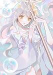  1girl absurdres baegji detached_sleeves dress grey_hair grimlight highres holding holding_weapon little_mermaid_(grimlight) long_hair looking_at_viewer open_mouth parted_lips pastel_colors polearm solo starfish starfish_hair_ornament trident wavy_hair weapon yellow_eyes 
