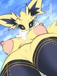  absurd_res anthro areola big_breasts black_sclera breasts chest_tuft clothing cloud eeveelution female fur genitals hi_res jolteon legwear looking_at_viewer looking_down looking_down_at_viewer nintendo nipples nude pok&eacute;mon pok&eacute;mon_(species) pukemilked pussy solo star thigh_highs tuft video_games watermark yellow_body yellow_fur 