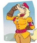  anthro armband belt belt_buckle bone breasts canid canine canis clothing colored cuphead_(game) domestic_dog female gesture hand_behind_back hat headgear headwear hi_res hunting_dog looking_at_viewer mammal military_uniform n0b0dy pilot_saluki_(cuphead) salute shirt_ripping sighthound signature solo uniform video_games wardrobe_malfunction 