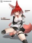  1girl 3: animal_ears arknights arm_under_breasts armor armored_boots bangs black_skirt blush boots bright_pupils brown_eyes censored closed_mouth clothes_lift collarbone detached_collar erection flametail_(arknights) futanari futanari_masturbation gauntlets gins heavy_breathing highres large_penis long_hair looking_at_viewer masturbation miniskirt mosaic_censoring necktie no_panties one_knee penis penis_outside pleated_skirt precum red_hair red_necktie shoulder_armor skirt skirt_lift solo squirrel_ears squirrel_girl squirrel_tail tail thigh_boots thigh_strap translation_request upskirt v-shaped_eyebrows veins veiny_penis 