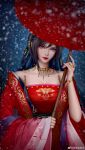  1girl absurdres black_hair chi_lian_(qin_shi_ming_yue) chi_lian_qiju_zhu covering_head dress hair_ornament highres jacket jewelry long_sleeves looking_at_viewer necklace qin_shi_ming_yue red_dress red_lips red_umbrella sash solo umbrella 