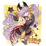  1girl animal_ears asymmetrical_gloves black_dress black_gloves bow breasts dress garter_straps gloves granblue_fantasy hair_bow highres large_breasts long_hair microphone osamu_(jagabata) pointing purple_eyes purple_hair satyr_(granblue_fantasy) star_(symbol) thighhighs twintails yellow_background 