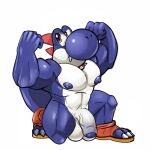  anthro balls boshi collar crouching eyewear flaccid flexing flexing_bicep flexing_both_biceps genitals hi_res humanoid kyngs male male/male mario_bros muscular muscular_male nintendo nipples nude pecs penis scalie solo spiked_collar spikes super_mario_rpg_legend_of_the_seven_stars thick_thighs video_games yoshi 