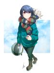  1girl absurdres blue_hair boots cellphone headwear_removed helmet helmet_removed highres holding holding_helmet holding_phone jacket motorcycle_helmet phone pink_eyes scarf shima_rin smartphone solo walking yasu_(pixiv) yurucamp 