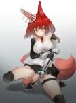  1girl 3: animal_ears arknights arm_under_breasts armor armored_boots bangs black_skirt blush boots bright_pupils brown_eyes censored closed_mouth clothes_lift collarbone detached_collar erection flametail_(arknights) futanari futanari_masturbation gauntlets gins heavy_breathing highres large_penis long_hair looking_at_viewer masturbation miniskirt mosaic_censoring necktie no_panties one_knee penis penis_outside pleated_skirt precum red_hair red_necktie shoulder_armor skirt skirt_lift solo squirrel_ears squirrel_girl squirrel_tail tail thigh_boots thigh_strap upskirt v-shaped_eyebrows veins veiny_penis 