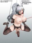  1girl animal_ear_fluff animal_ears arknights arms_behind_back ball_gag blush breasts brown_gloves brown_legwear cat_ears censored chain chained chinese_text collarbone elbow_gloves erection full_body gag gagged garter_belt gins gloves gradient gradient_background grey_background grey_hair highres large_breasts long_hair looking_at_viewer mosaic_censoring nipple_penetration nipple_piercing nipple_rings nipples penis piercing ponytail precum_through_clothes schwarz_(arknights) solo spread_legs suspension testicles thighhighs translation_request v-shaped_eyebrows yellow_eyes 