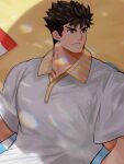  1boy bara beach black_hair collared_shirt frown full_service_(mazjojo) gyee highres looking_to_the_side male_focus manly mature_male muscular muscular_male outdoors rald_schwarz shirt solo spiked_hair teeth user_gggs3572 yellow_eyes 