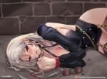  1girl breasts cleavage dolechan dungeon_and_fighter earrings imminent_rape jewelry large_breasts long_hair open_mouth patreon_username red_eyes restrained solo sunglasses white_hair 