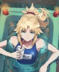  1girl bangs bare_shoulders bathtub blonde_hair blue_swimsuit braid breasts collarbone fate/apocrypha fate_(series) french_braid green_eyes highres long_hair looking_at_viewer mordred_(fate) mordred_(fate/apocrypha) name_tag one-piece_swimsuit parted_bangs ponytail school_swimsuit sidelocks small_breasts smile solo swimsuit tonee 