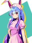  1girl =3 animal_ears blue_hair breasts dress green_background harakune_(mugennero) hat highres long_hair looking_at_viewer medium_breasts nurse_cap pink_dress pink_headwear pom_pom_(clothes) puffy_short_sleeves puffy_sleeves rabbit_ears rabbit_tail red_eyes reisen_udongein_inaba short_sleeves solo tail touhou two-tone_background 