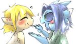  anthro bamfear black_sclera blonde_hair blue_body blush brown_body doneru duo eating eyes_closed feeding hair hi_res horn omake purple_hair reines_(doneru) scalie simple_background sketch smile tany_(doneru) 