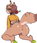  anthro anus big_butt blush bottomless brown_body brown_fur brown_hair butt canid canine clothed clothing female fox fur genitals green_eyes green_pawpads hair hi_res mammal pawpads pussy rear_view reccand simple_background solo white_background 