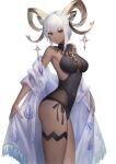  1girl absurdres animal_ears arknights armlet bangs bilibilida black_swimsuit breasts carnelian_(arknights) carnelian_(shining_dew)_(arknights) cleavage covered_navel cowboy_shot dark-skinned_female dark_skin goat_ears goat_girl goat_horns highres horn_ornament horns jewelry looking_at_viewer necklace off_shoulder official_alternate_costume one-piece_swimsuit red_eyes shawl short_hair short_hair_with_long_locks smile solo swimsuit thigh_strap thighs white_background white_hair 