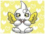  &lt;3 :3 ahoge ambiguous_gender bandai_namco biped colored digimon digimon_(species) digital_media_(artwork) eyelashes feathered_wings feathers feral flipnote_studio_3d hair hand_on_face heart_pattern_background kyupimon low_res luckypanda pattern_background pixel_(artwork) pixelated pseudo_hair pseudo_horn shaded simple_background solo solo_focus spread_wings white_body wings yellow_background yellow_eyes yellow_wings 