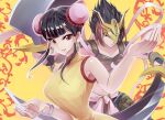  2girls bangs black_hair bracelet bun_cover chinese_clothes double_bun dragon_lady dress duel_monster hair_bun holding holding_sword holding_weapon jewelry k.nock long_hair looking_at_viewer multiple_girls outline red_eyes sidelocks sleeveless sleeveless_dress sword upper_body vivian_wong weapon white_outline yellow_background yellow_dress yu-gi-oh! yu-gi-oh!_duel_monsters 