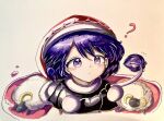  1girl ? closed_mouth cropped_torso doremy_sweet eye20806972 hat highres looking_at_viewer nightcap pom_pom_(clothes) purple_eyes purple_hair red_headwear sheep simple_background touhou traditional_media zzz 