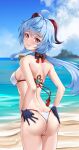  1girl ahoge ass back bangs bare_shoulders beach bell bikini black_gloves blue_hair blurry blurry_background bow bowtie breasts chinese_knot colored_tips cowboy_shot flower_knot from_behind ganyu_(genshin_impact) genshin_impact gloves goat_horns hair_between_eyes hands_on_own_ass highres horns long_hair looking_at_viewer looking_back low_ponytail matrix16 medium_breasts multicolored_hair neck_bell outdoors purple_eyes red_rope rope sideboob sidelocks smile solo swimsuit thighs water wedgie white_bikini 