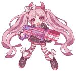  1girl :d ameko53133 bangs black_jacket black_skirt blush_stickers bow commentary_request danganronpa_(series) danganronpa_another_episode:_ultra_despair_girls fake_horns full_body gun hair_bow highres holding holding_gun holding_weapon horns jacket long_hair pink_eyes pink_hair polka_dot polka_dot_bow shiny shiny_hair shirt skirt smile striped striped_legwear teeth thighhighs twintails utsugi_kotoko weapon white_shirt 