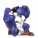  anthro boshi collar crouching eyewear flexing flexing_bicep flexing_both_biceps genitals glasses hi_res humanoid kyngs male male/male mario_bros muscular muscular_male nintendo nipples nude pecs penis scalie solo spiked_collar spikes super_mario_rpg_legend_of_the_seven_stars thick_thighs video_games yoshi 