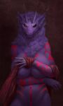  anthro big_breasts black_body black_skin breasts demon digital_media_(artwork) female fur hair hi_res horn humbleguest jinn looking_at_viewer nude red_eyes simple_background solo synx tattoo yetzer_hara 