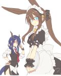  2girls alternate_costume amiya_(arknights) animal_ears apron arknights bell black_bow black_dress black_skirt black_vest black_wrist_cuffs blue_eyes bow ch&#039;en_(arknights) collared_shirt cowboy_shot dragon_girl dragon_horns dragon_tail dress enmaided extra_ears hair_bell hair_between_eyes hair_bow hair_ornament horns looking_at_viewer low_twintails maid maid_apron maid_headdress multiple_girls necktie ponytail rabbit_ears rabbit_girl red_eyes red_necktie satou_kibi shirt sidelocks simple_background sketch skirt sleeves_past_elbows smile tail twintails vest white_apron white_background white_shirt 