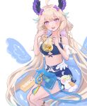  1girl 1other absurdly_long_hair ahoge aloupeep_(enna_alouette) aqua_nails arm_cuffs bag bangs bikini bikini_skirt bird_girl blonde_hair blue_bag blue_bikini blue_hair blush bow breasts cleavage cup drinking_glass drinking_straw dumpling enna_alouette flower food glasses hair_flower hair_ornament handbag head_wings highres leg_belt long_hair looking_at_viewer low_twintails medium_breasts multicolored_hair nail_polish nijisanji nijisanji_en purple_bow purple_eyes purple_wings sleeping smile swimsuit twintails urad0ra very_long_hair virtual_youtuber white_background white_flower wings 