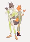  2022 5_fingers absurd_res anthro biped canid canine canis clothed clothing diane_foxington digital_media_(artwork) dreamworks duo ears_up eyewear female fingers fluffy footwear fox fox_tail fur grey_body grey_fur grin hi_res high_heels looking_back male mammal mocchiballs mr._wolf_(the_bad_guys) open_mouth orange_body orange_fur red_fox shoes simple_background smile standing suit sunglasses teeth the_bad_guys white_background wolf wolf_tail yellow_sclera 