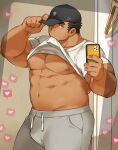  1boy abs bara biceps black_hair cellphone clothes_lift hand_on_headwear hat highres kuro_nezumi_inu large_pectorals male_focus manly mature_male muscular muscular_male nipples original pants pectorals phone plump selfie shirt shirt_lift solo spiked_hair t-shirt tan thick_arms thick_eyebrows track_pants underpec 