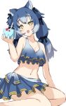  1girl animal_costume animal_ear_fluff animal_ears bikini blue_bikini blue_hair cup dire_wolf_(kemono_friends) drinking_glass eyeshadow highres kemono_friends kemono_friends_v_project lipstick long_hair looking_at_viewer makeup open_mouth ribbon sawara_noa solo swimsuit tail twintails virtual_youtuber wolf_costume wolf_ears wolf_girl wolf_tail yellow_eyes 