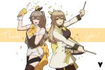 2girls arm_up bangs breasts brown_hair cowboy_shot english_commentary english_text girls&#039;_frontline hair_between_eyes hair_ornament hair_ribbon highres holding holding_instrument instrument long_hair long_sleeves looking_at_viewer multiple_girls official_alternate_costume one_side_up open_mouth pantyhose ribbon scar scar_across_eye scar_on_face short_sleeves smile thank_you thighhighs ump40_(girls&#039;_frontline) ump40_(the_wish-preserving_witch_of_shadows)_(girls&#039;_frontline) ump45_(girls&#039;_frontline) ump45_(the_wish-making_sorceress_of_fireworks)_(girls&#039;_frontline) variasii vest wrist_cuffs yellow_eyes 