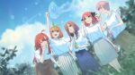  5girls :d bangs black_ribbon blue_eyes blue_skirt blue_sky blunt_bangs brown_hair brown_skirt bubble bubble_blowing bubble_pipe butterfly_hair_ornament cloud commentary go-toubun_no_hanayome green_ribbon grey_skirt hair_ornament hair_over_one_eye hair_ribbon headphones headphones_around_neck komari_dame long_hair long_skirt medium_hair multiple_girls nakano_ichika nakano_itsuki nakano_miku nakano_nino nakano_yotsuba open_mouth orange_hair outdoors pink_hair quintuplets ribbon shirt short_hair short_sleeves siblings sidelocks sisters skirt sky smile standing striped striped_skirt symbol-only_commentary teeth vertical-striped_skirt vertical_stripes white_shirt 