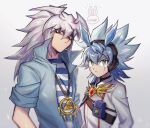  2boys bangs blue_hair blue_shirt brown_eyes facial_mark green_eyes hair_between_eyes long_hair millennium_ring multiple_boys sasagaku_sando shadow shirt striped striped_shirt upper_body white_background white_hair yami_bakura yu-gi-oh! yu-gi-oh!_duel_monsters yu-gi-oh!_go_rush!! yudias_velgear 