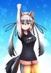  1girl absurdres animal_costume animal_ear_fluff animal_ears black_shirt fox_ears fox_girl fox_tail hat highres island_fox_(kemono_friends) kanihai kemono_friends kemono_friends_v_project long_hair looking_at_viewer multicolored_hair open_mouth rest_in_muni ribbon shirt shorts solo tail twintails virtual_youtuber 