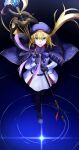  1girl artoria_caster_(fate) artoria_caster_(second_ascension)_(fate) artoria_pendragon_(fate) bangs belt beret black_gloves blonde_hair blue_belt blue_cape boots bow buttons cape cloak collar collared_shirt fate/grand_order fate_(series) gem glint gloves gold_trim green_gemstone green_hair hair_between_eyes hat highres long_hair long_sleeves looking_at_viewer marmyadose_(fate) multiple_tails open_mouth ornament pink_ribbon purple_footwear ribbon shiny shirt simple_background skirt solo tail two_tails user_esac8574 white_shirt white_skirt 