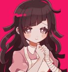  1girl ameko53133 apron bandages bangs black_hair blush brown_eyes danganronpa_(series) danganronpa_2:_goodbye_despair hands_up highres long_hair messy_hair mole own_hands_together pink_background pink_shirt puffy_short_sleeves puffy_sleeves shirt short_sleeves smile tsumiki_mikan 