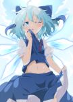  1girl ;o ahoge blue_bow blue_eyes blue_shirt blue_skirt bow cirno clothes_lift cowboy_shot do_(4-rt) groin hair_bow highres ice ice_wings lifted_by_self looking_at_viewer midriff navel one_eye_closed open_mouth puffy_short_sleeves puffy_sleeves shirt shirt_lift short_sleeves skirt skirt_lift solo standing touhou white_background wings 