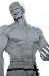  1boy abs absurdres bara biceps black_eyes fangs highres kengan_(series) kengan_ashura kure_raian kyowo_sukkesuke large_pectorals looking_at_viewer looking_down male_focus manly mature_male muscular muscular_male nipples open_mouth pants pectorals sharp_teeth shorts simple_background solo spiked_hair teeth thick_arms tongue tongue_out topless_male veins veiny_arms white_background 