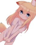  1girl animal_ear_fluff animal_ears bangs blonde_hair blue_eyes blush closed_mouth collarbone cowboy_shot eyes_visible_through_hair fox_ears fox_girl fox_tail hair_between_eyes long_hair long_shirt naked_shirt original shiny shiny_hair shirt shirt_hold short_sleeves simple_background smile solo sweat tail thighs white_background white_shirt yig_yuki_(yig-gha) 