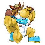  anthro blush clothing costume crouching flexing flexing_bicep flexing_both_biceps hat headgear headwear hi_res humanoid kyngs male male/male mario_bros mario_kart mario_kart_tour muscular muscular_male neckerchief nintendo nipples pecs scalie shy solo thick_thighs video_games yoshi yoshi_(character) 