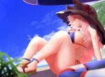  1girl animal_ears arano_oki bikini blue_bikini blue_sky breasts cloud day ears_through_headwear fate/grand_order fate_(series) fox_ears fox_girl fox_tail hat huge_breasts long_hair outdoors pink_hair sandals side-tie_bikini sitting sky solo straw_hat sun_hat swimsuit tail tamamo_(fate) tamamo_no_mae_(swimsuit_lancer)_(fate) yellow_eyes 