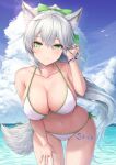  1girl animal_ear_fluff animal_ears armpit_crease bangs bare_arms bare_shoulders bikini bird blue_sky blush borrowed_character bow breasts buran_(22x) cleavage closed_mouth cloud collarbone commission cowboy_shot day fox_ears fox_girl fox_tail green_bow green_eyes green_ribbon grey_hair hair_bow halter_top halterneck hand_in_own_hair hand_on_own_thigh hands_up highres large_breasts leaning_forward long_hair looking_at_viewer navel ocean original outdoors ponytail ribbon side-tie_bikini skeb_commission sky slit_pupils smile solo standing stomach string_bikini swimsuit tail thighs very_long_hair water wet white_bikini white_hair wristband 
