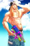  1boy abs axl_low bandana bara biceps blonde_hair blue_eyes cloud cloudy_sky guilty_gear large_pectorals long_hair looking_at_viewer male_focus manly mature_male muscular muscular_male navel navel_hair nipples pectorals shorts sky smile solo teeth tentenkingyo thick_arms water water_gun 