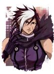  1boy bangs bare_arms bare_shoulders black_hair cloak gloves highres looking_at_viewer male_focus metal_gloves multicolored_hair nameless_(kof) sasaya scar scar_on_cheek scar_on_face sleeveless snk solo solo_focus the_king_of_fighters the_king_of_fighters_2002 toned 