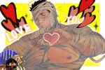  &gt;_o 1boy :o alice_(housamo) annotated bandages bara bare_pectorals black_hair blackcatlandr border chinese_commentary commentary_request covered_nipples english_text facial_hair halloween_costume halo heart heart_hands highres large_pectorals looking_at_viewer male_focus master_2_(housamo) mummy_costume muscular muscular_male naked_bandage nipples official_alternate_costume one_eye_closed outside_border pectorals short_hair stubble tokyo_afterschool_summoners upper_body volos_(housamo) white_border yellow_background yellow_eyes zabaniyya_(halloween)_(housamo) zabaniyya_(housamo) 