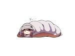  1girl :i beanie blush_stickers brown_hair hat sleeping_bag solo toki_ayano white_background yasu_(pixiv) yurucamp 