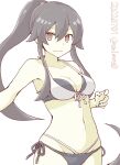  1girl akara_kai alternate_costume bare_shoulders bikini black_hair breasts brown_eyes cleavage collarbone dated highres kantai_collection long_hair looking_at_viewer medium_breasts navel one-hour_drawing_challenge ponytail simple_background solo swimsuit twitter_username white_background yahagi_(kancolle) 