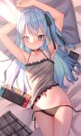  1girl absurdres arms_up black_panties blue_eyes blue_hair camisole cellphone closed_mouth highres hololive hoshimachi_suisei lying nintendo_switch on_back on_bed panties phone ray_peng skirt skirt_removed smartphone solo star_(symbol) star_in_eye symbol_in_eye underwear virtual_youtuber 